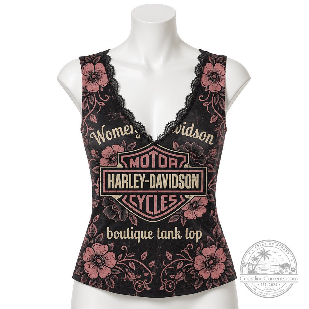 Harley-Davidson Inspired Vintage Floral Lace V-Neck Tank Top | Boutique – image 2 of 2