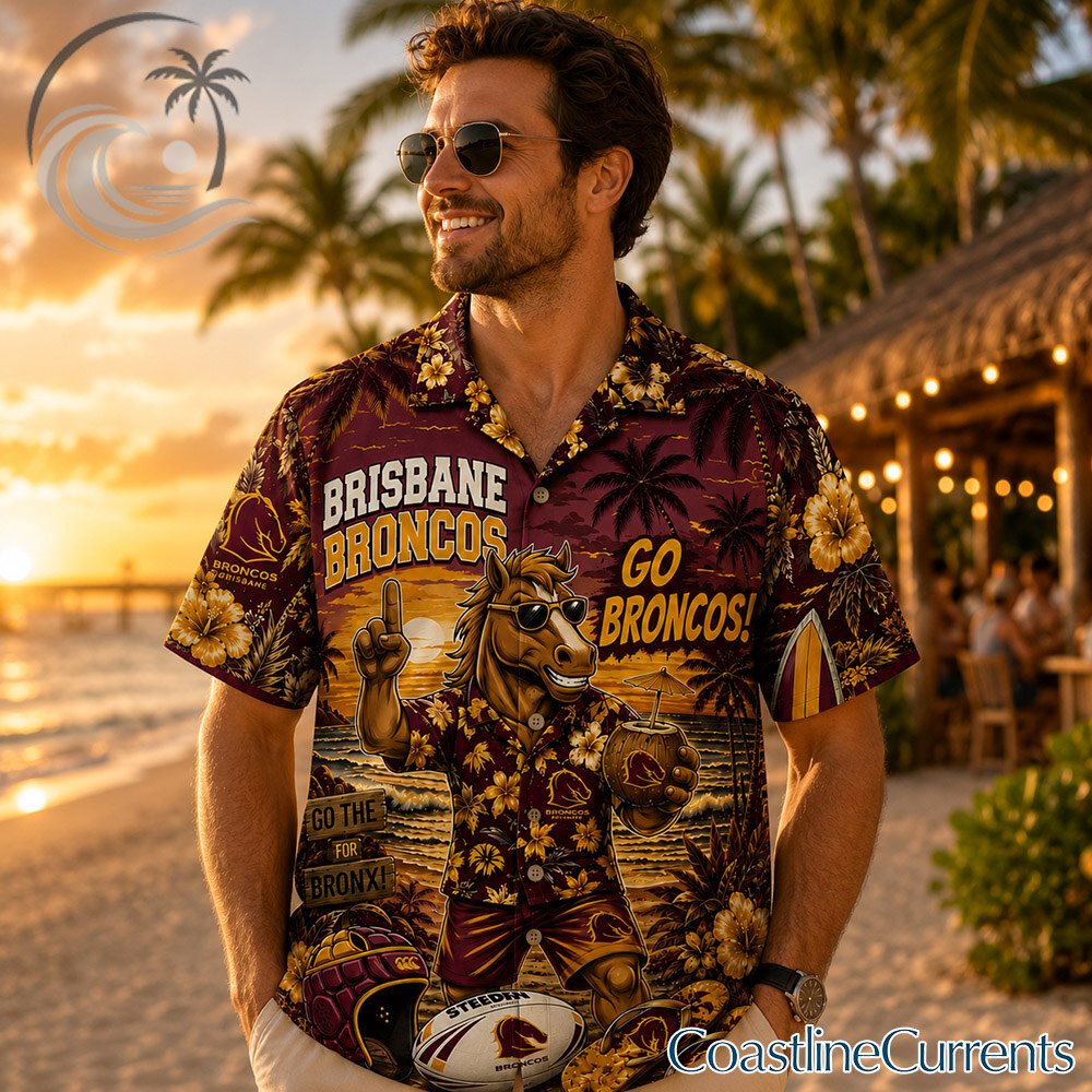 Brisbane Broncos Hawaiian Shirt | Go Broncos Beach Sunset NRL Fan Gift