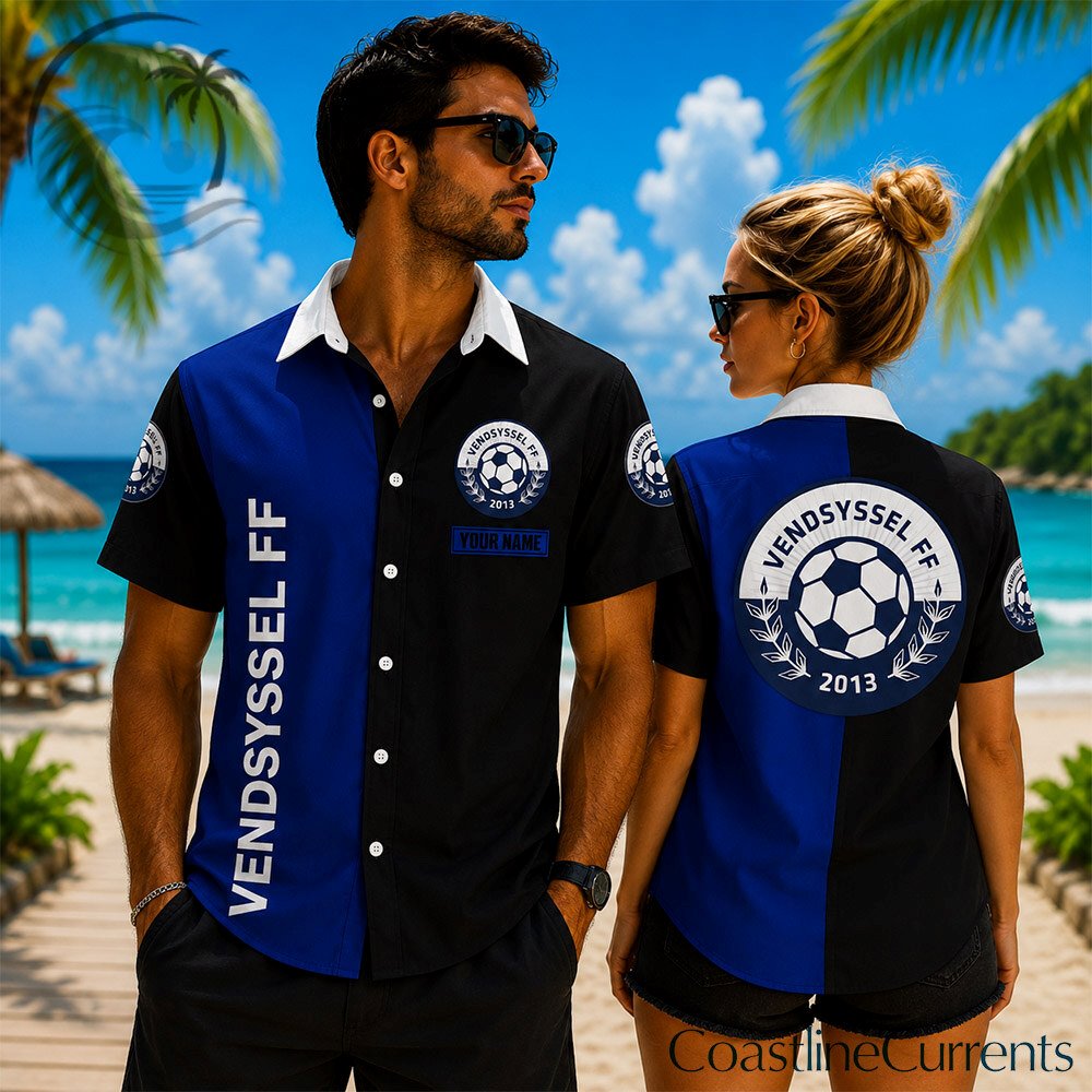 Vendsyssel FF Black Royal Blue Hawaiian Shirt | Button Up Beach Football Fans 1 Vendsyssel FF Black Royal Blue Hawaiian Shirt | Button Up Beach Football Fans