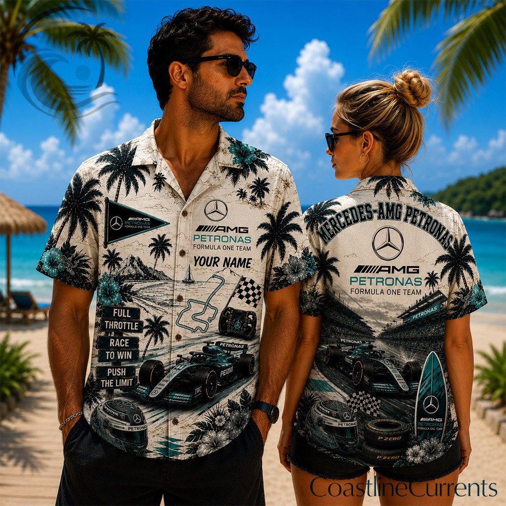 Mercedes AMG Petronas F1 Hawaiian Shirt | Button Up Tropical Beach Racing Fans