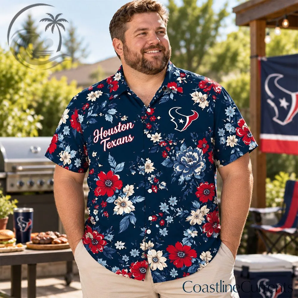 Houston Texans NFL Navy Red Tropical Floral Hawaiian Shirt | Apparel
