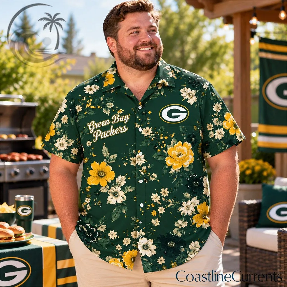 Green Bay Packers NFL Green Gold Floral Hawaiian Shirt | Apparel