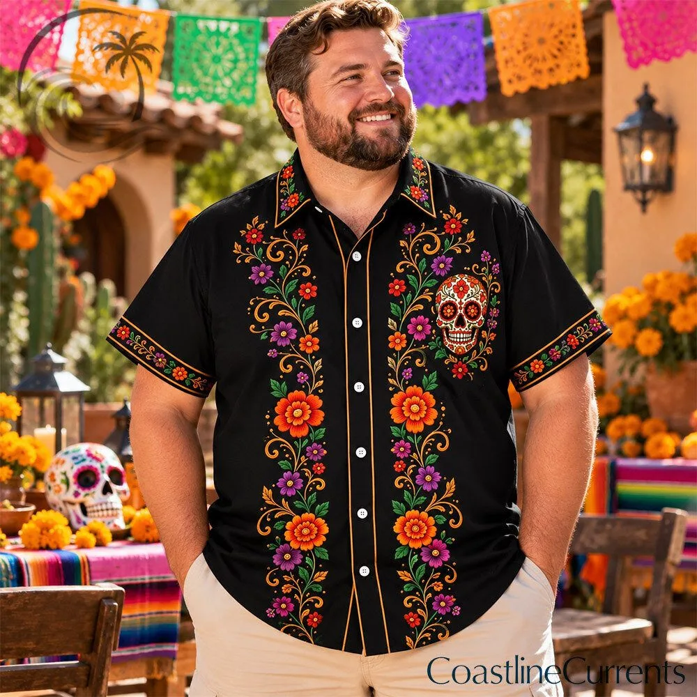 Dia de los Muertos Sugar Skull Floral Black Hawaiian Shirt | Apparel 2 Dia de los Muertos Sugar Skull Floral Black Hawaiian Shirt | Apparel