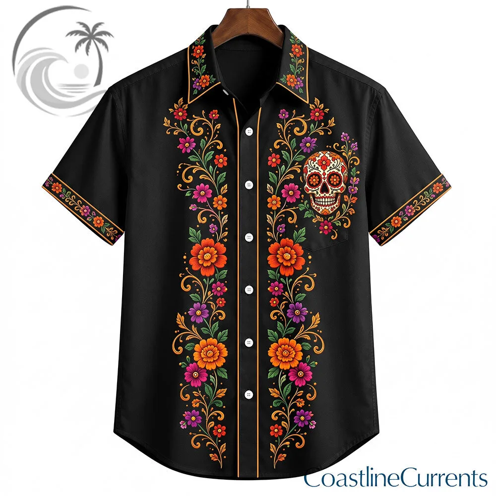 Dia de los Muertos Sugar Skull Floral Black Hawaiian Shirt | Apparel 3 Dia de los Muertos Sugar Skull Floral Black Hawaiian Shirt | Apparel