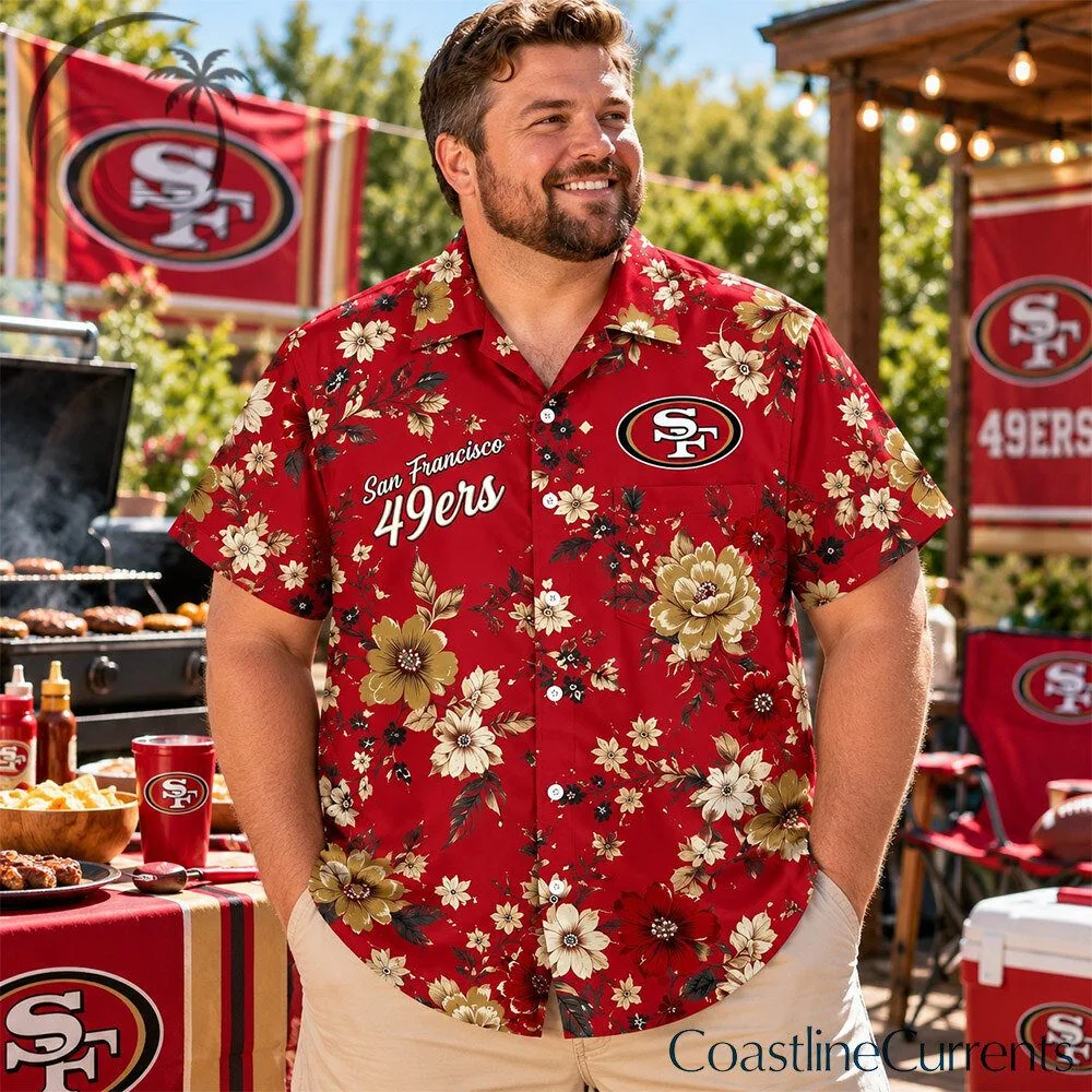 San Francisco 49ers Red Floral Football Hawaiian Shirt | Apparel