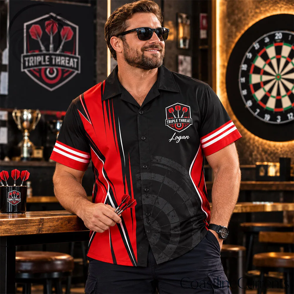 Triple Threat Red Black Darts Team Short Sleeve Button Up Shirt | Apparel 2 Triple Threat Red Black Darts Team Short Sleeve Button Up Shirt | Apparel