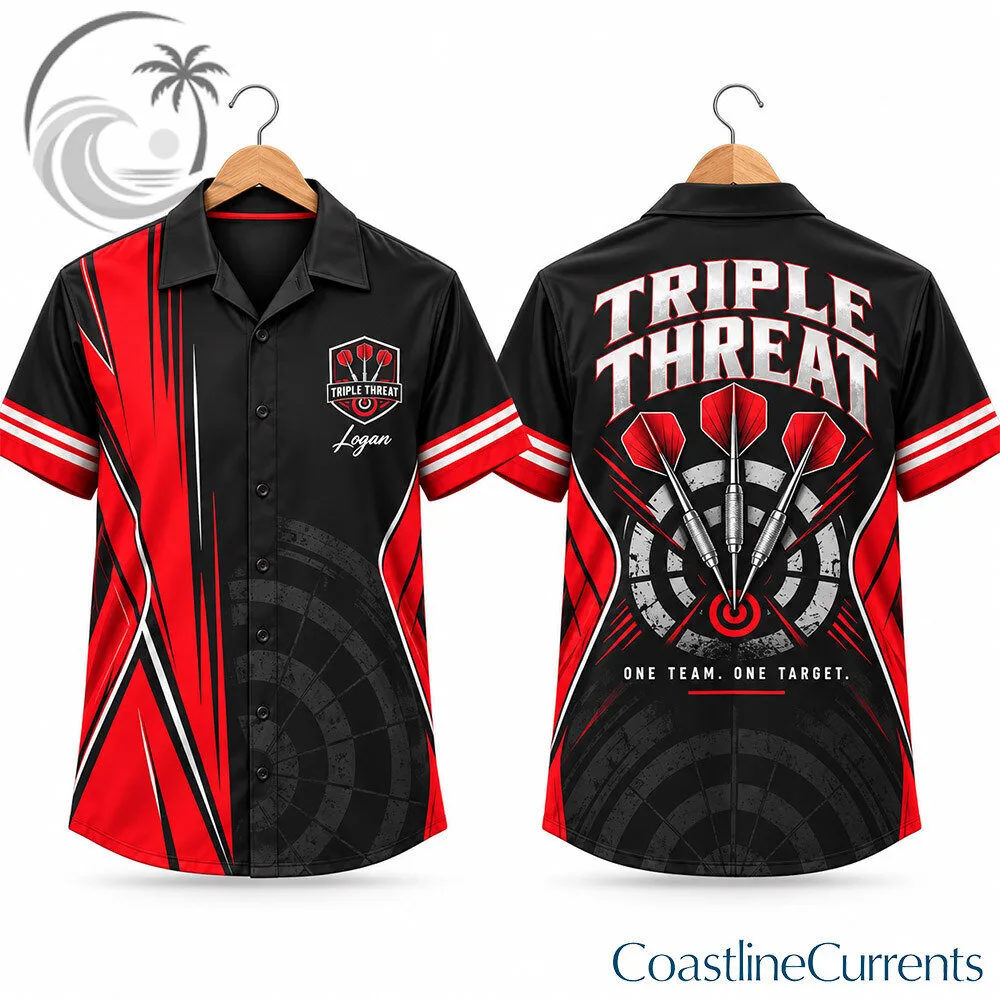Triple Threat Red Black Darts Team Short Sleeve Button Up Shirt | Apparel 3 Triple Threat Red Black Darts Team Short Sleeve Button Up Shirt | Apparel